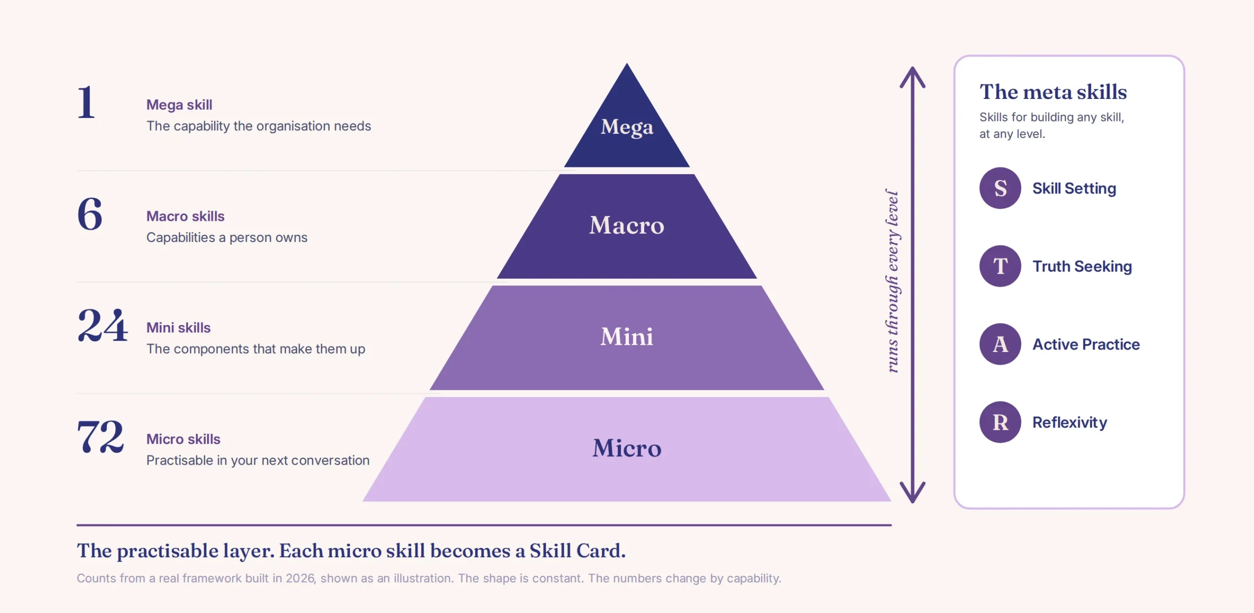 Skill hierarchy pyramid showing mega, macro, mini and micro skills